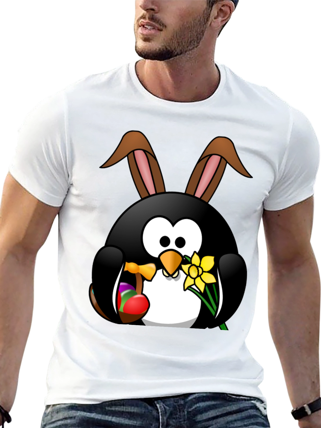 Easter Penguin Bunny Black T-Shirt