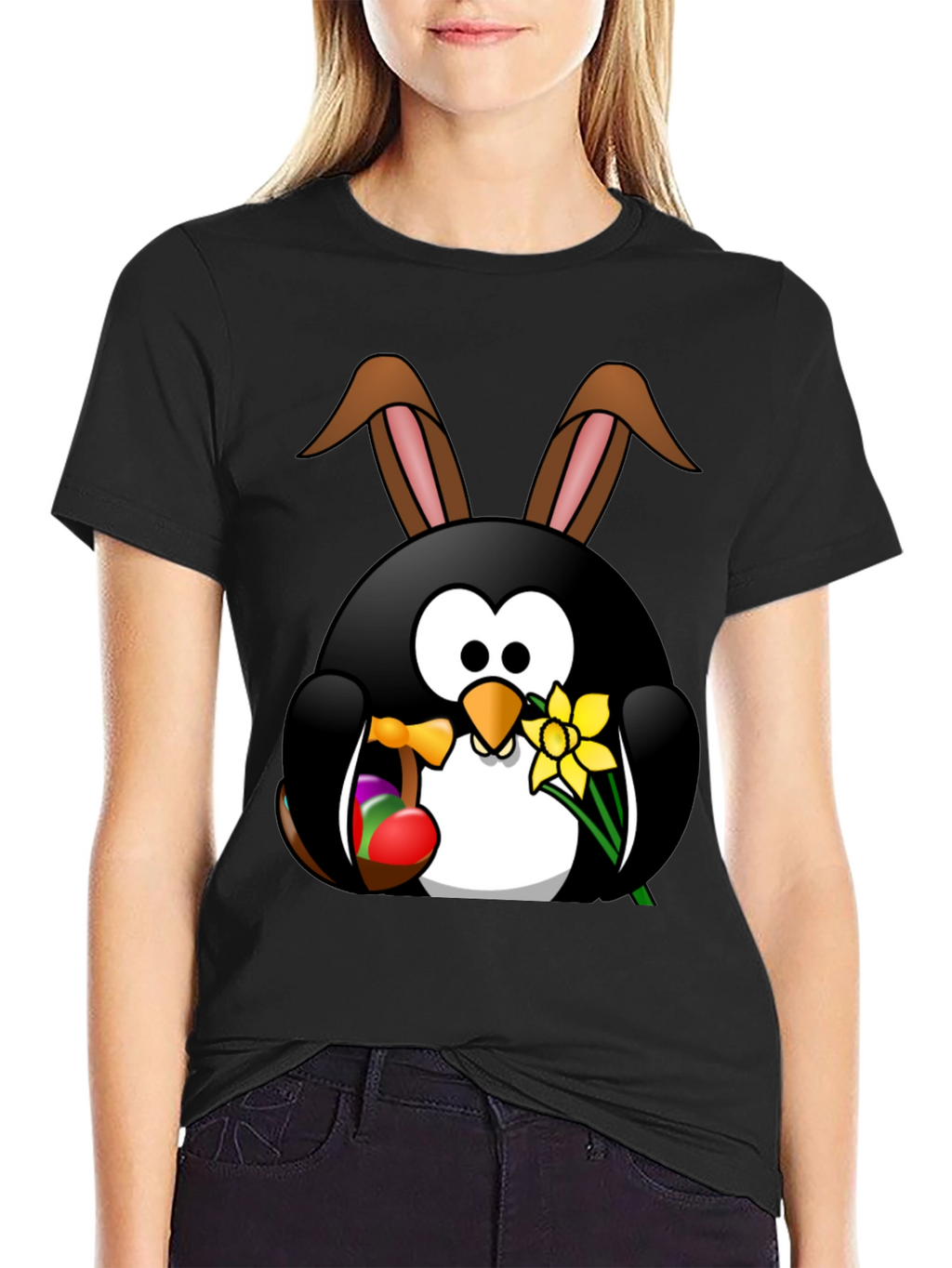 Easter Penguin Bunny Black T-Shirt