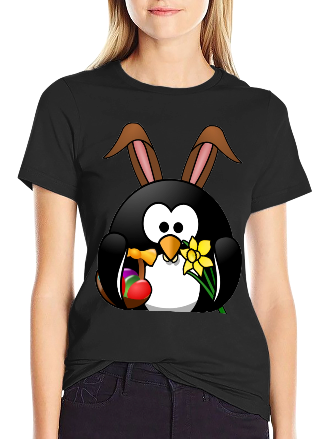 Easter Penguin Bunny Black T-Shirt