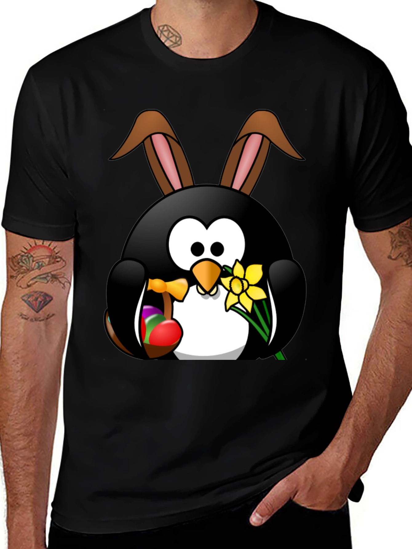 Easter Penguin Bunny Black T-Shirt