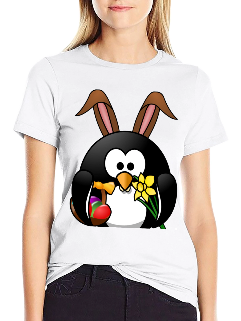 Easter Penguin Bunny Black T-Shirt
