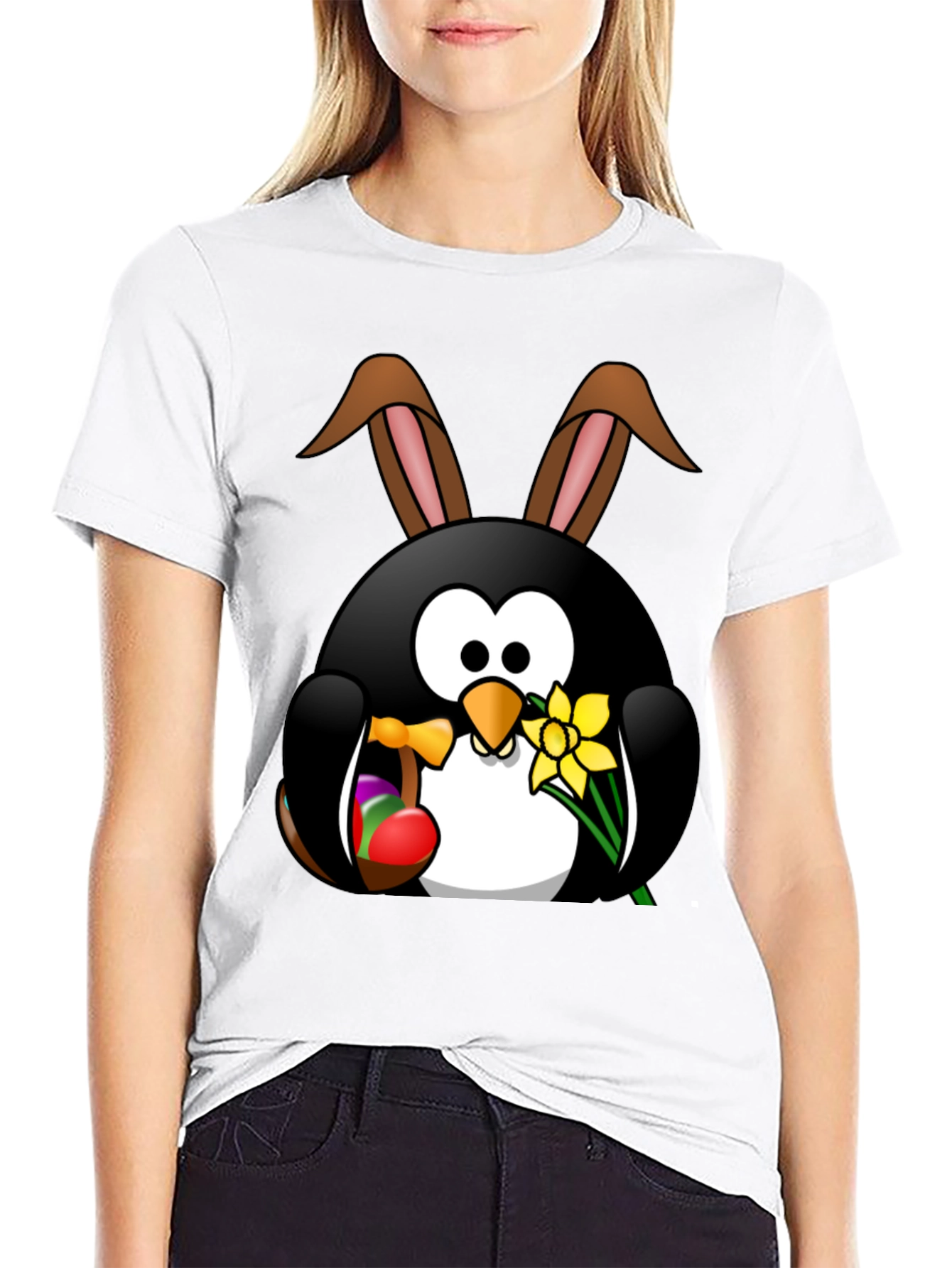 Easter Penguin Bunny Black T-Shirt
