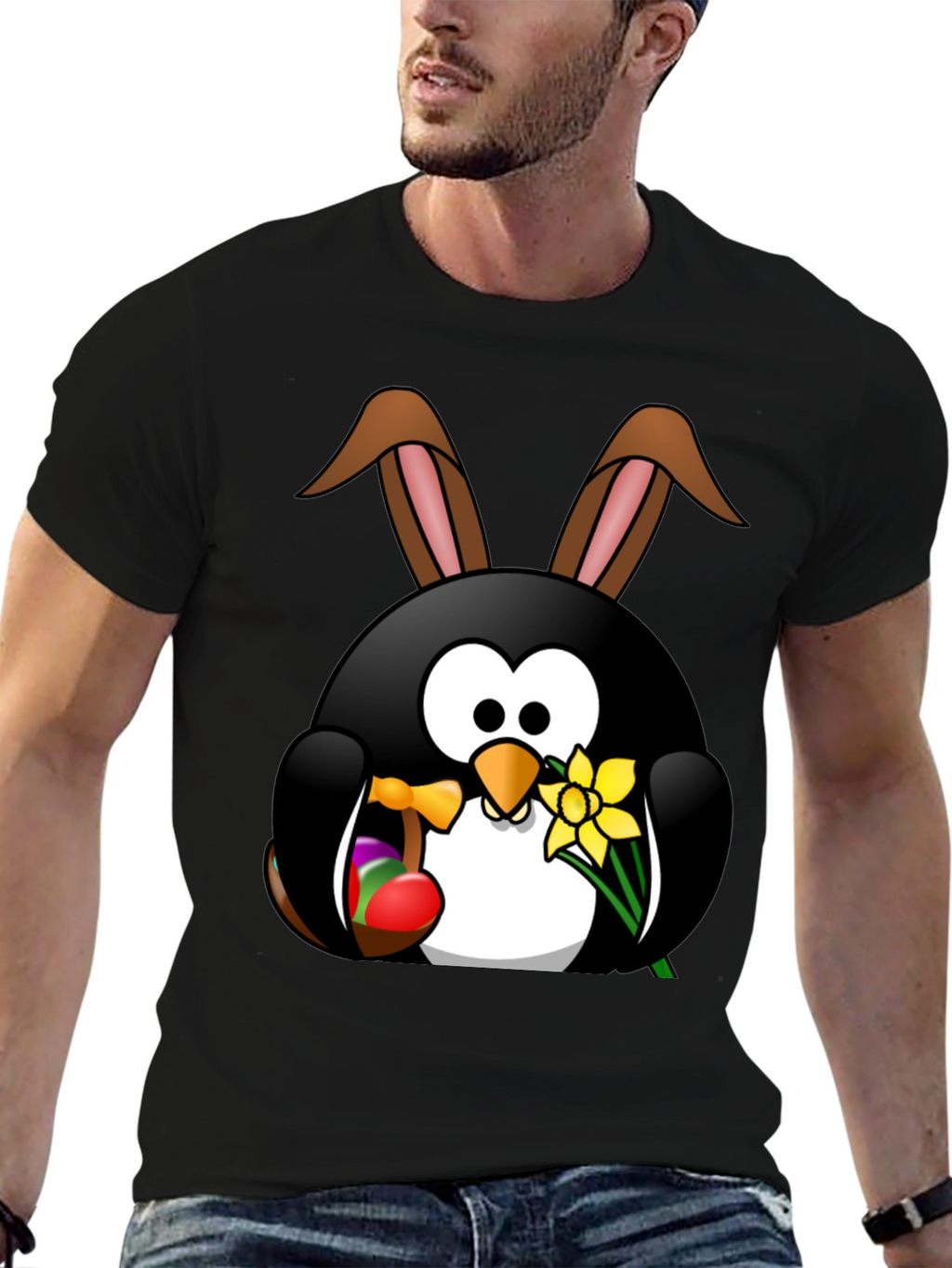 Easter Penguin Bunny Black T-Shirt