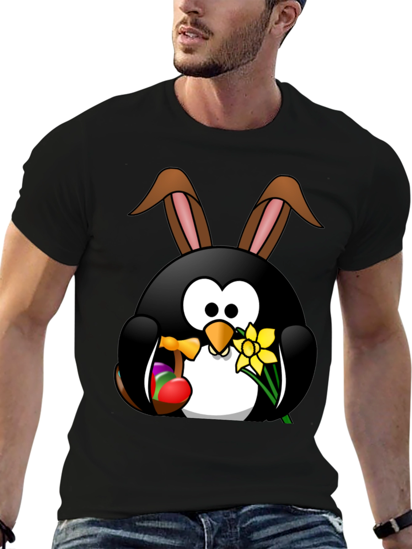 Easter Penguin Bunny Black T-Shirt