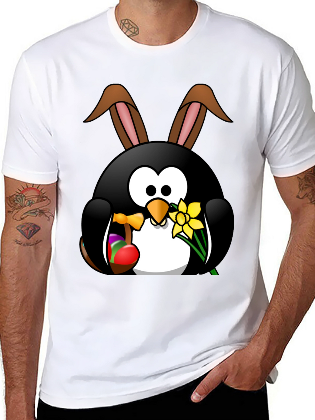 Easter Penguin Bunny Black T-Shirt