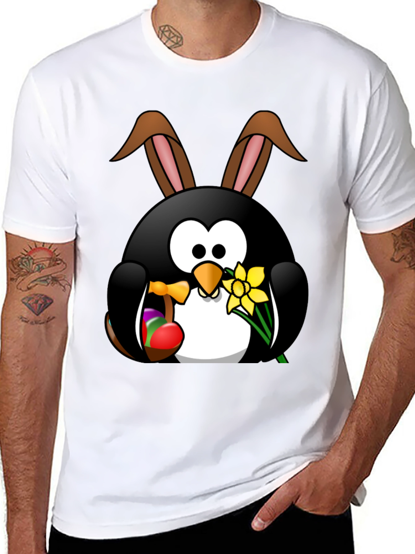 Easter Penguin Bunny Black T-Shirt