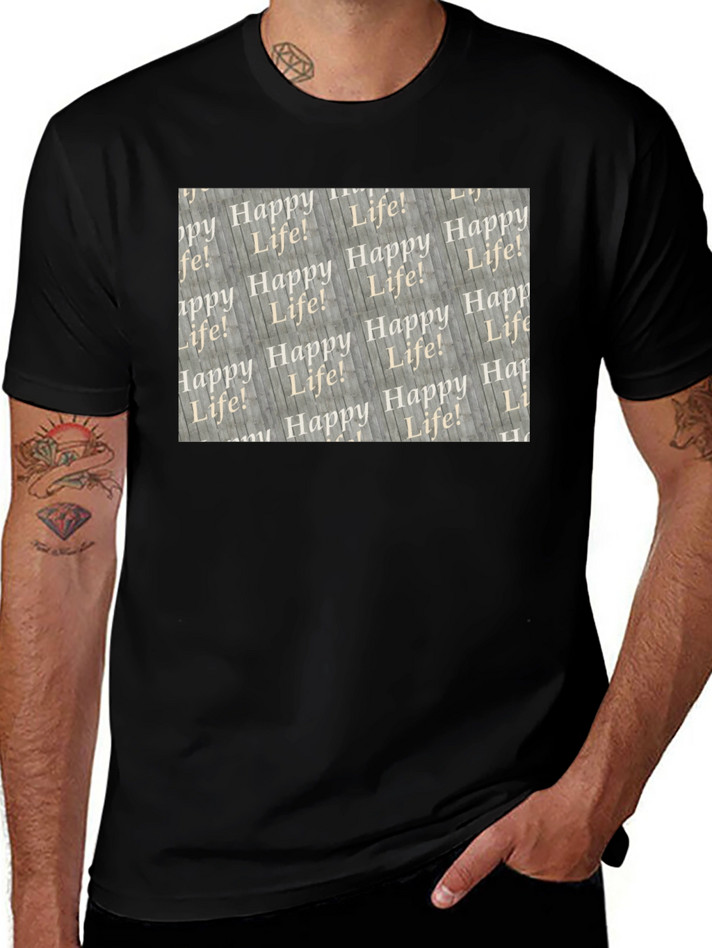 Happy Life Patterned Black T-Shirt
