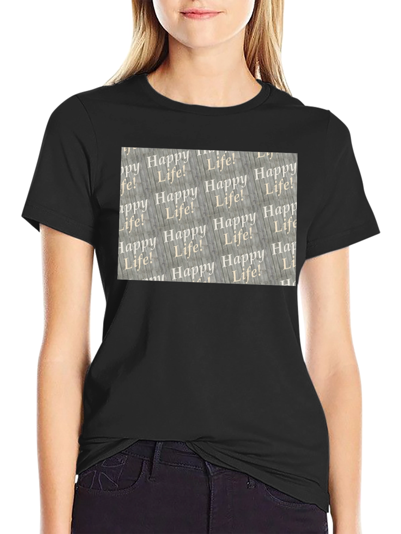 Happy Life Patterned Black T-Shirt