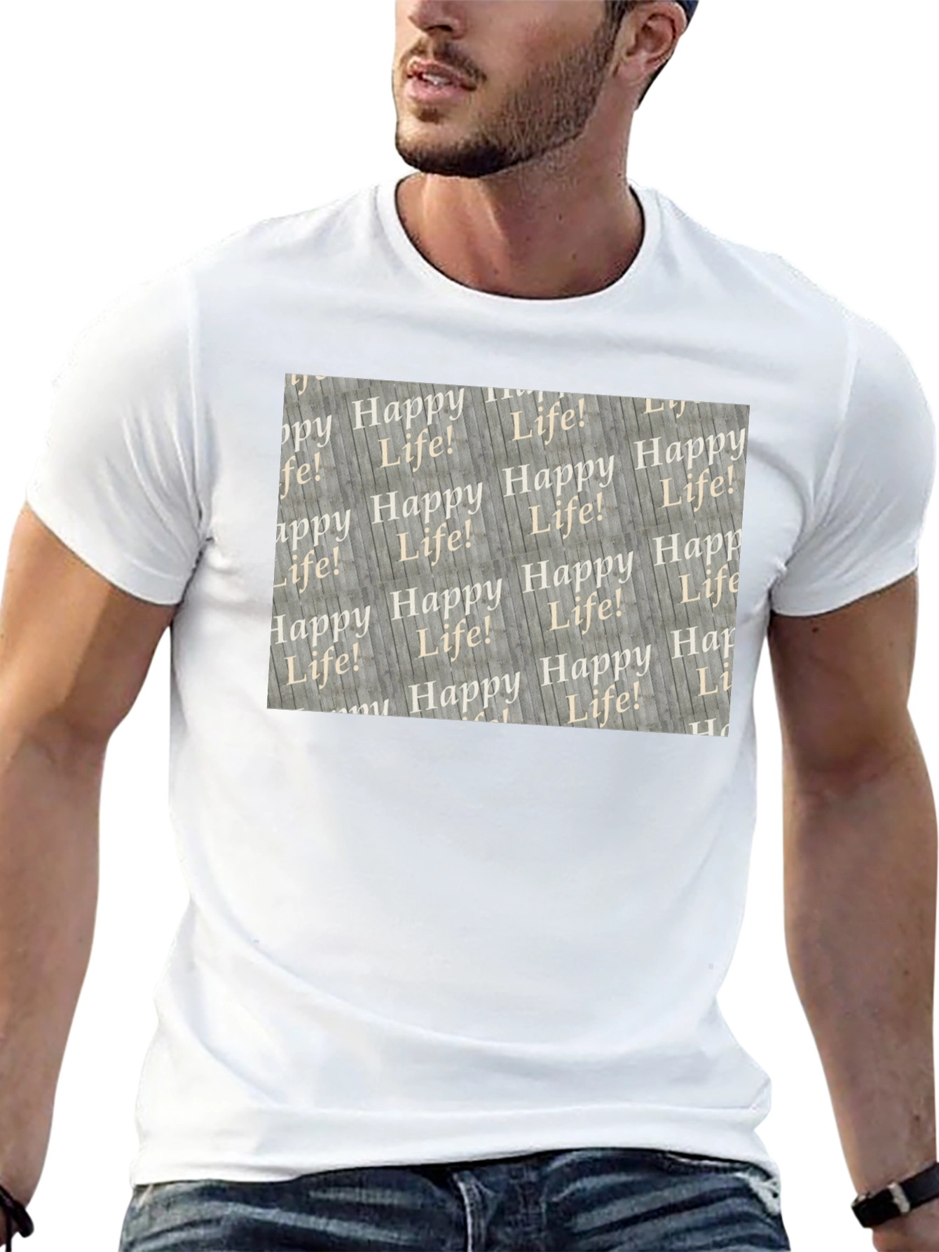 Happy Life Patterned Black T-Shirt