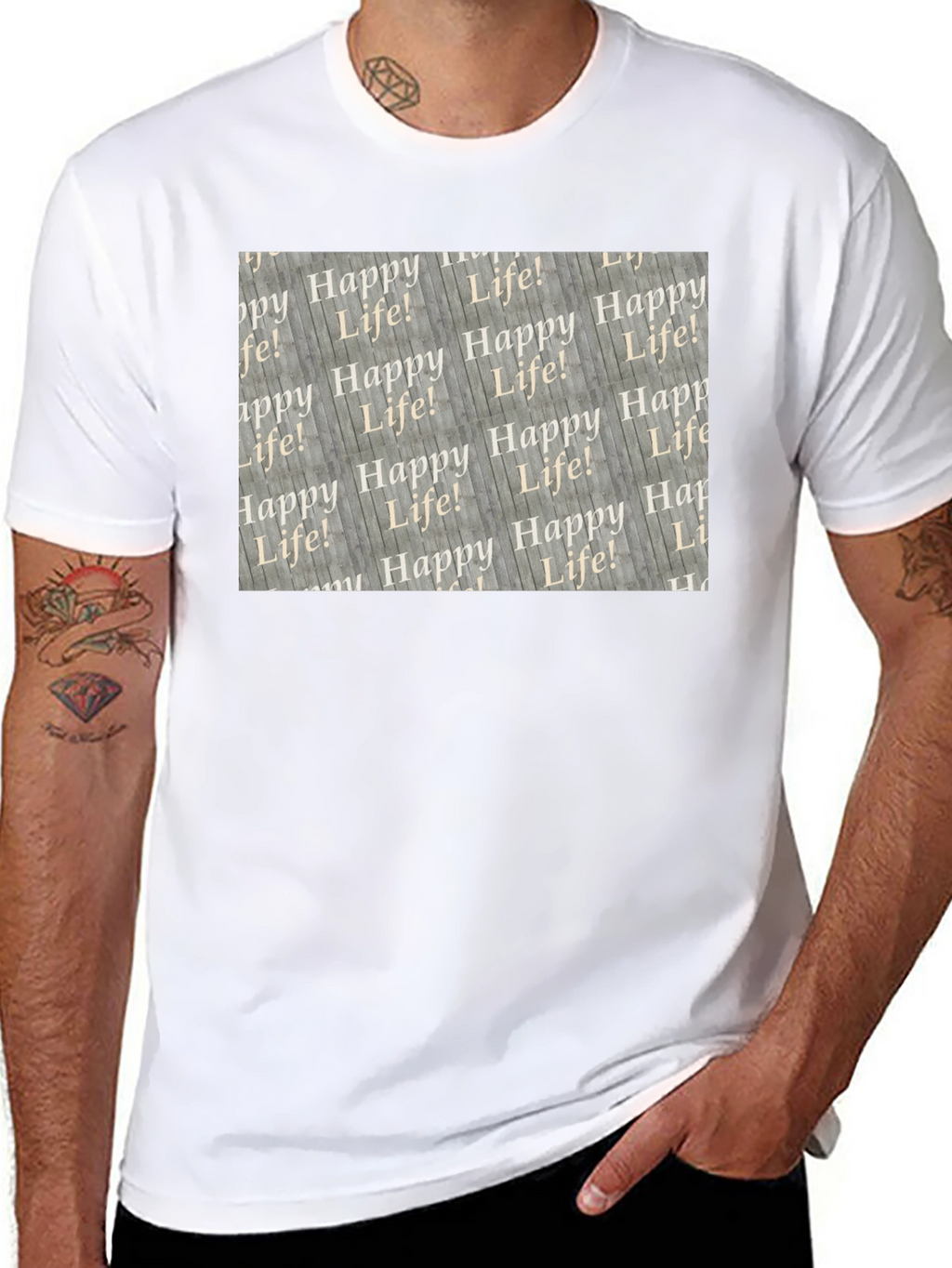 Happy Life Patterned Black T-Shirt