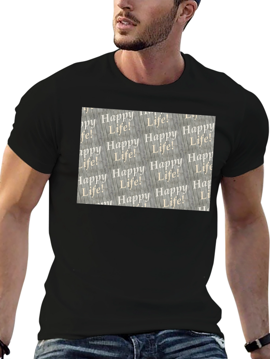 Happy Life Patterned Black T-Shirt