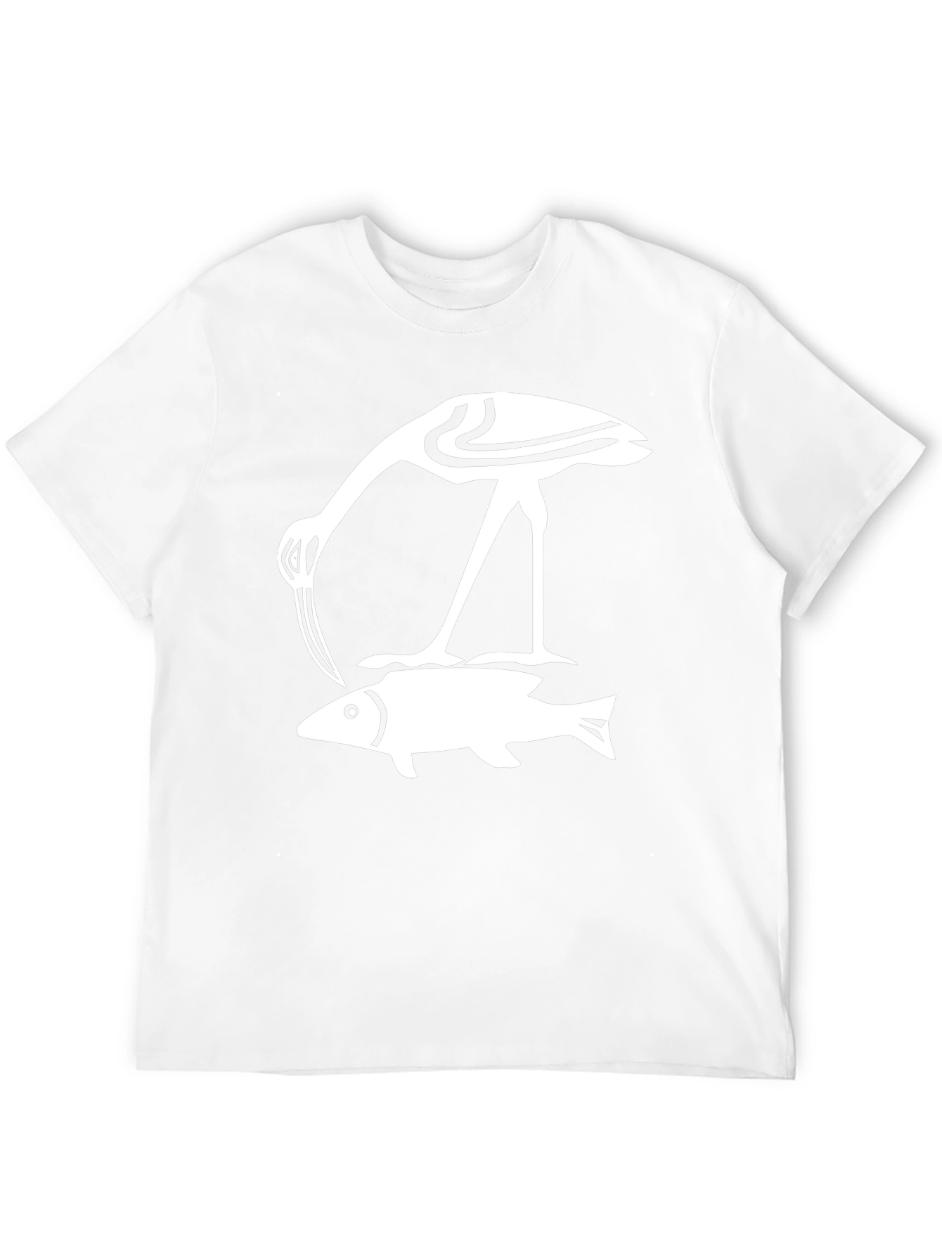 Black T-Shirt with Crane and Fish Design