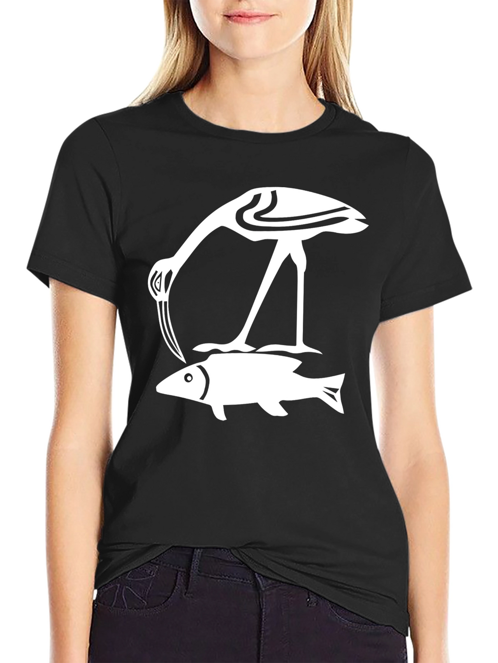 Black T-Shirt with Crane and Fish Design
