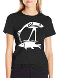 Black T-Shirt with Crane and Fish Design