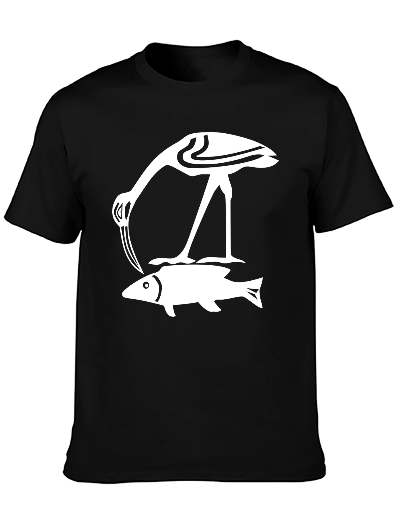 Black T-Shirt with Crane and Fish Design