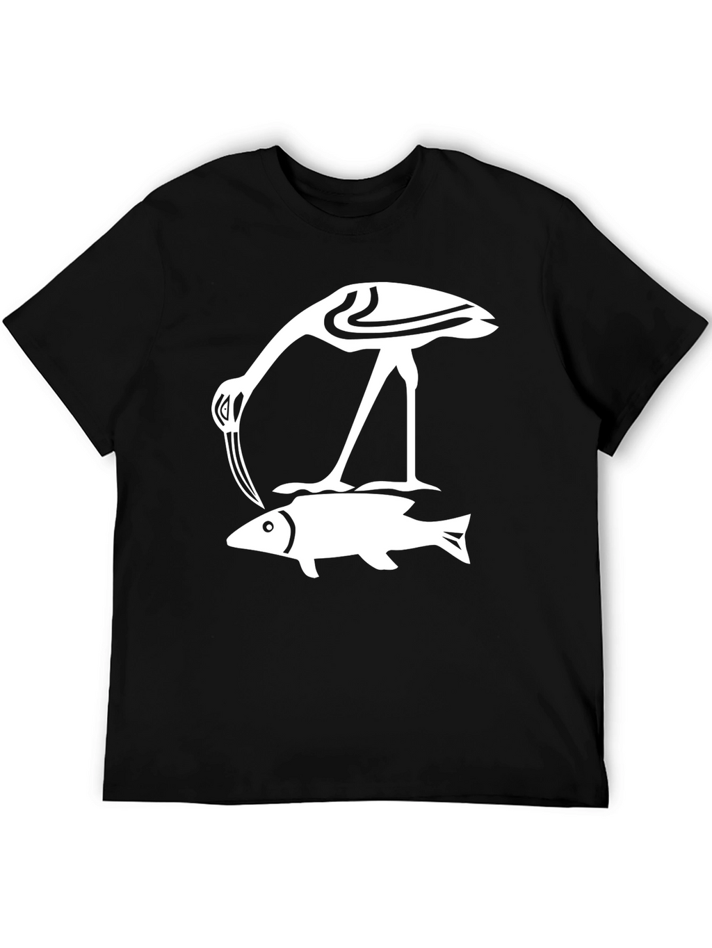 Black T-Shirt with Crane and Fish Design