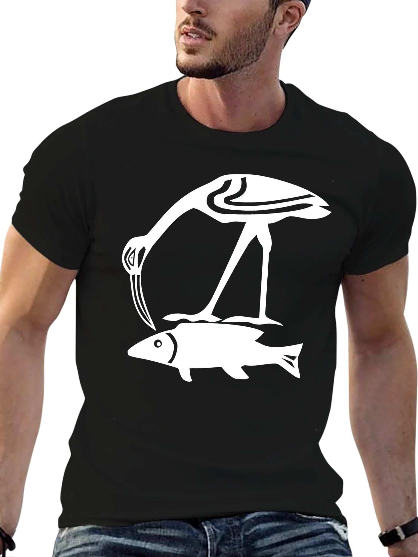 Black T-Shirt with Crane and Fish Design