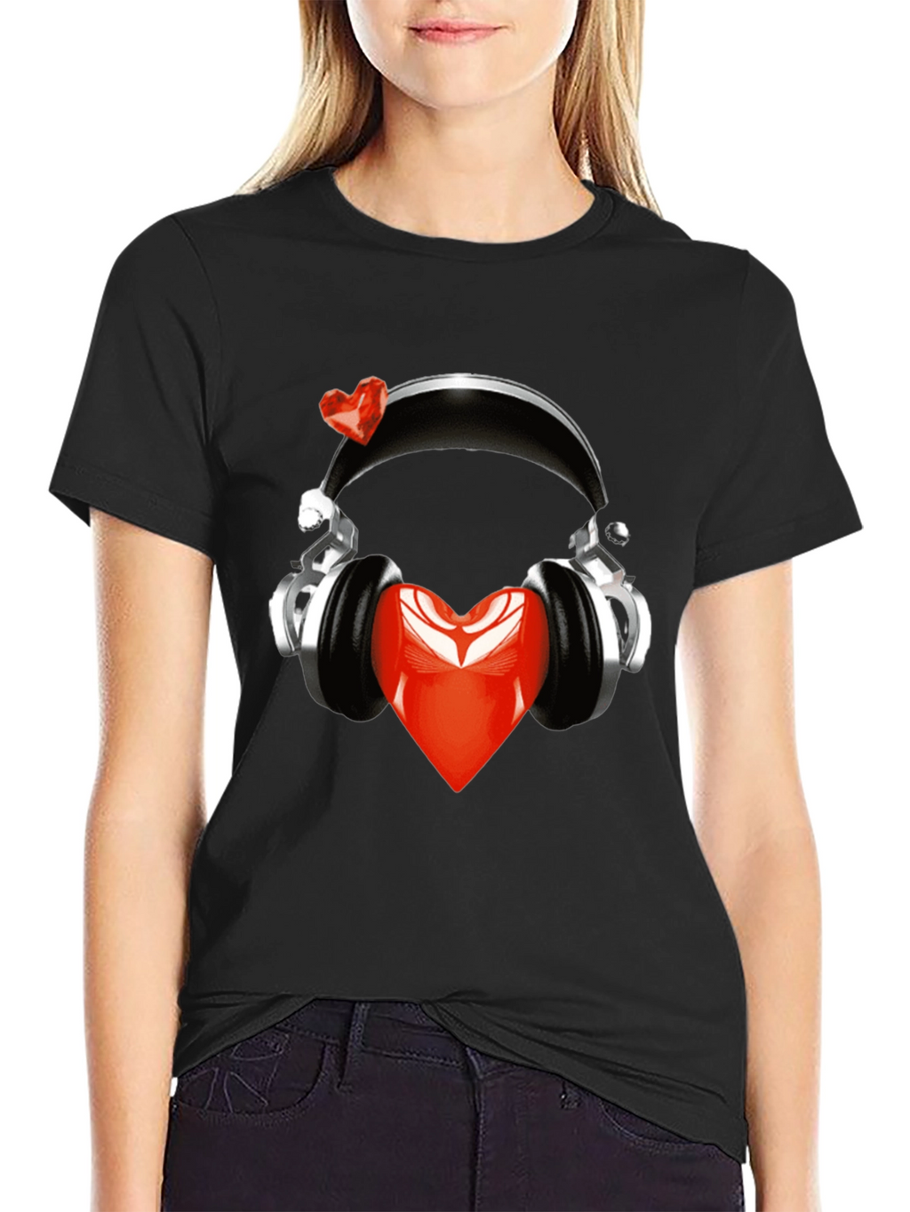 Heart Headphones Black T-Shirt - Music Lover Fashion