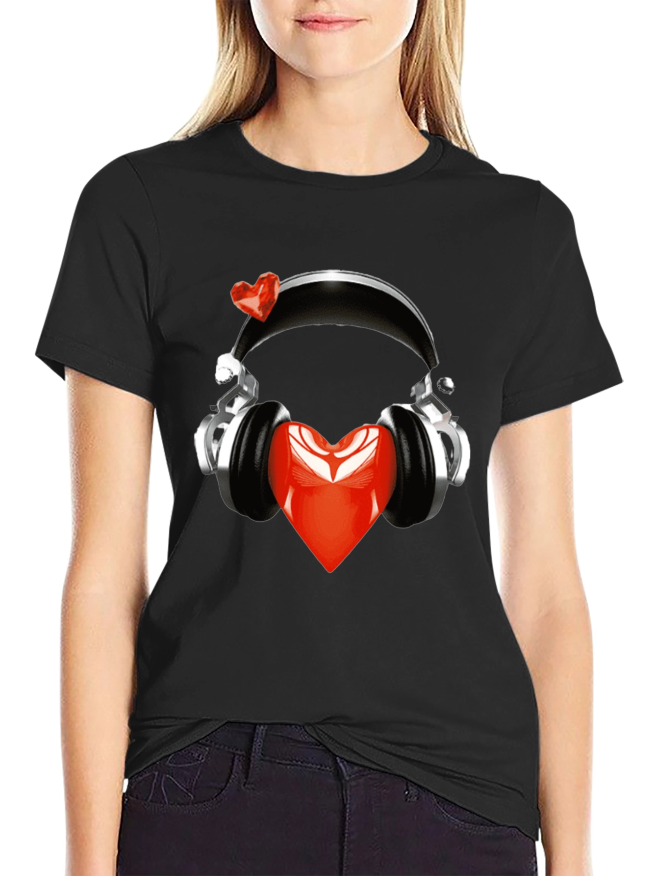 Heart Headphones Black T-Shirt - Music Lover Fashion
