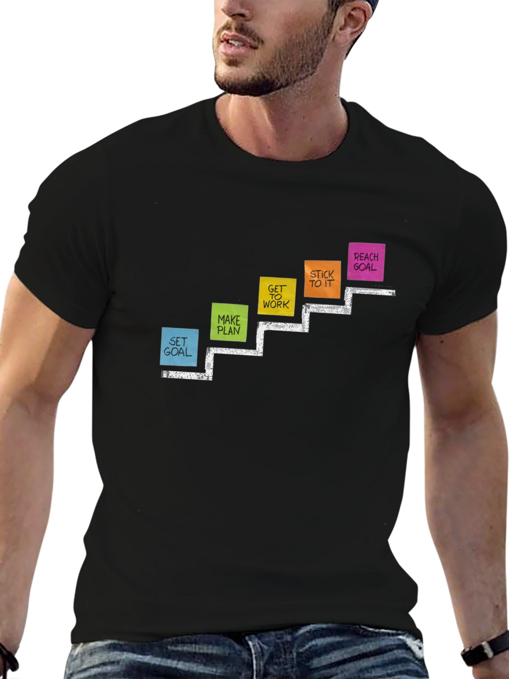 Goal Steps Graphic Print Black T-Shirt