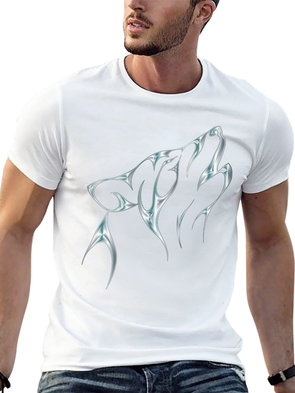 Mens Black T-Shirt with Chrome Wolf Graphic