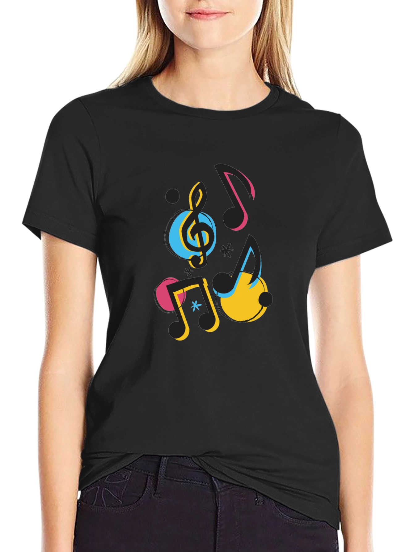 Musical Notes Graphic Print Black T-Shirt