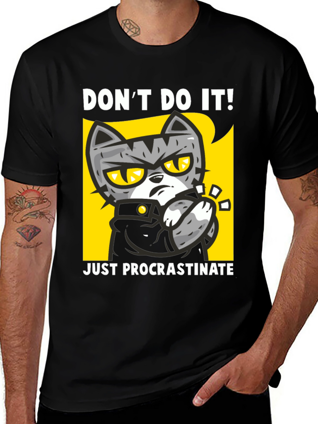 Funny Procrastinate Cat Graphic Black T-Shirt