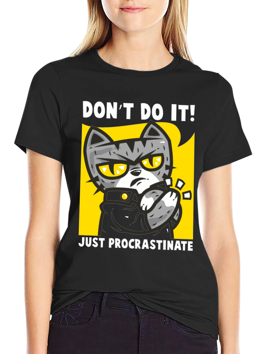 Funny Procrastinate Cat Graphic Black T-Shirt
