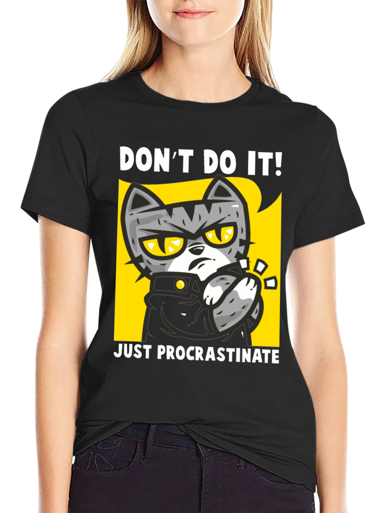 Funny Procrastinate Cat Graphic Black T-Shirt