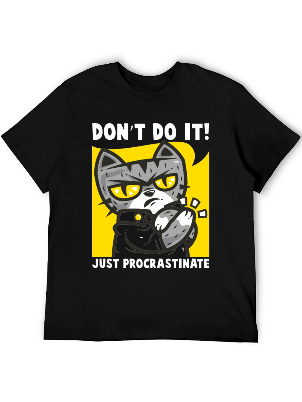 Funny Procrastinate Cat Graphic Black T-Shirt