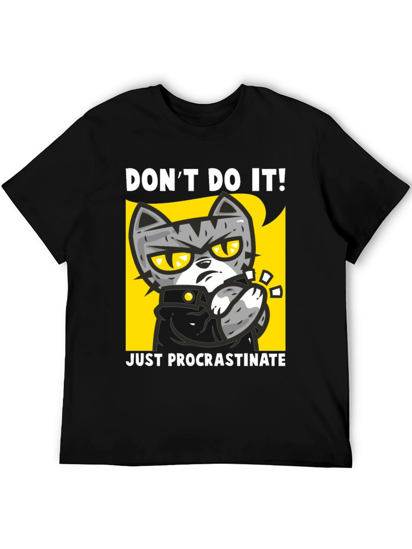 Funny Procrastinate Cat Graphic Black T-Shirt