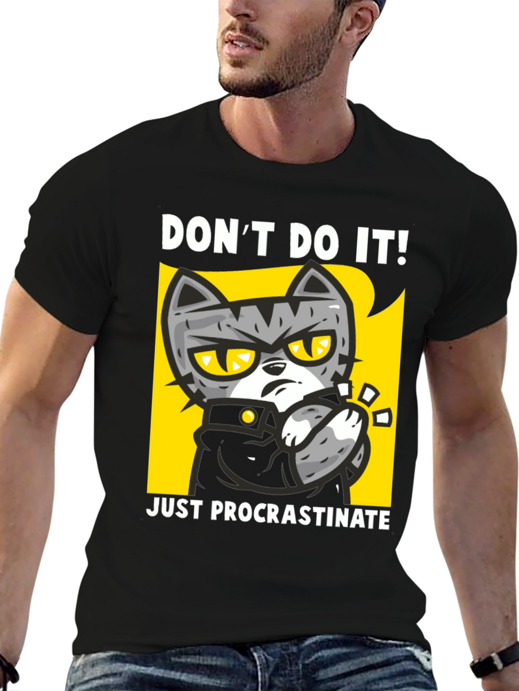 Funny Procrastinate Cat Graphic Black T-Shirt