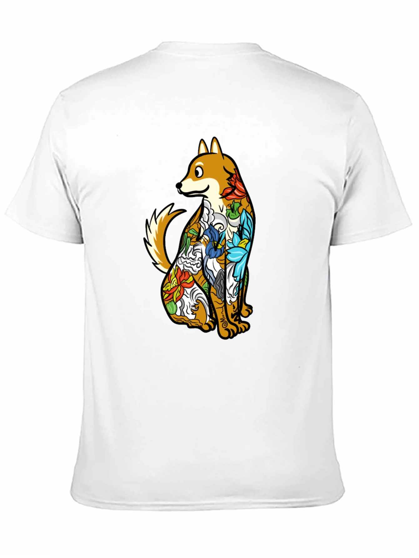 Dog with Floral Tattoo Black Graphic T-Shirt