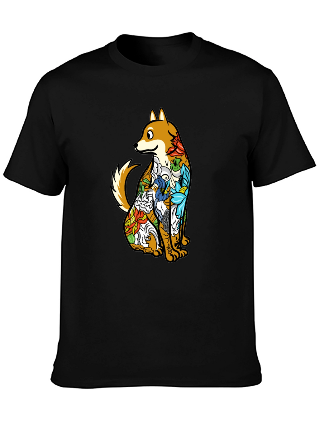 Dog with Floral Tattoo Black Graphic T-Shirt