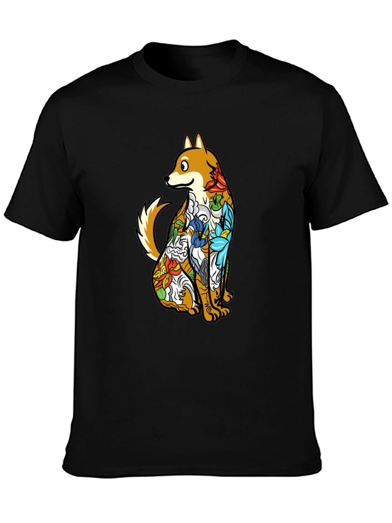 Dog with Floral Tattoo Black Graphic T-Shirt