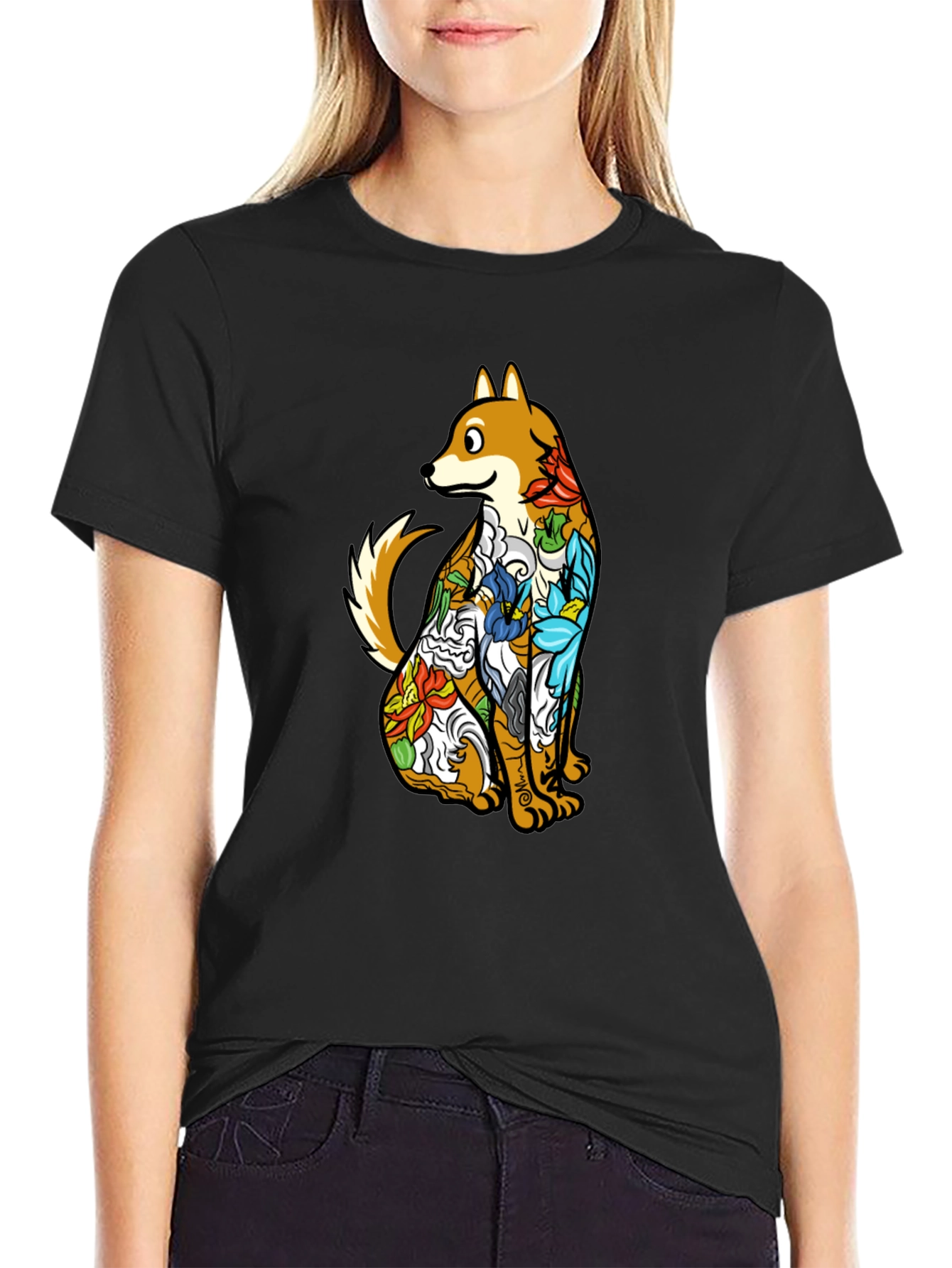 Dog with Floral Tattoo Black Graphic T-Shirt