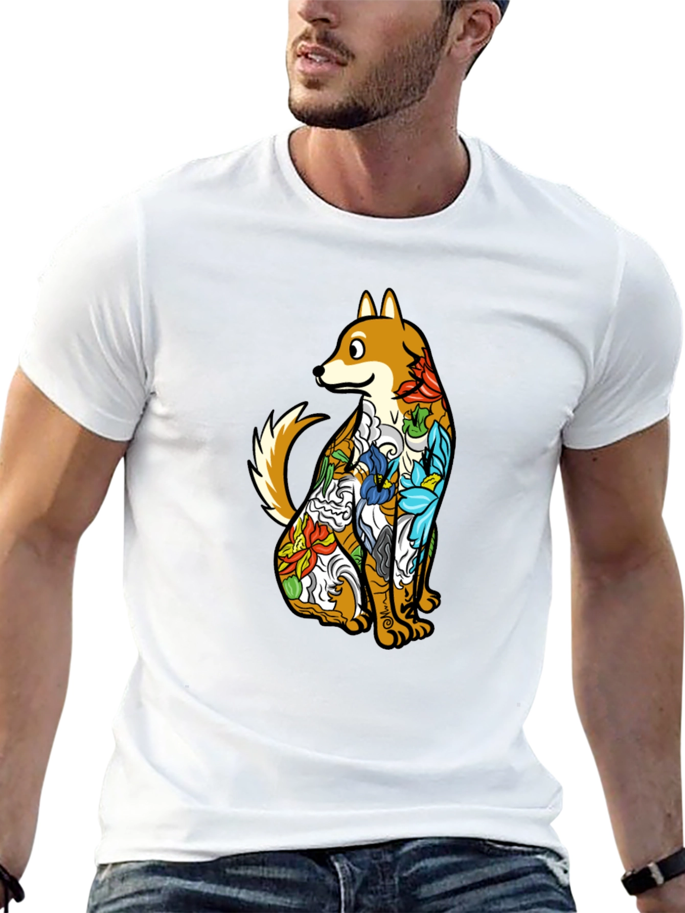 Dog with Floral Tattoo Black Graphic T-Shirt