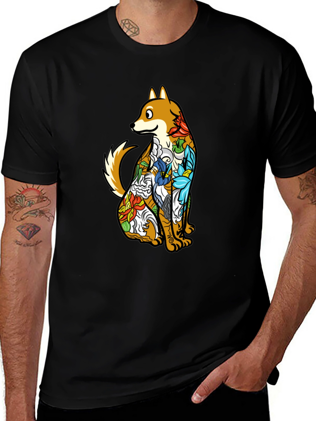 Dog with Floral Tattoo Black Graphic T-Shirt