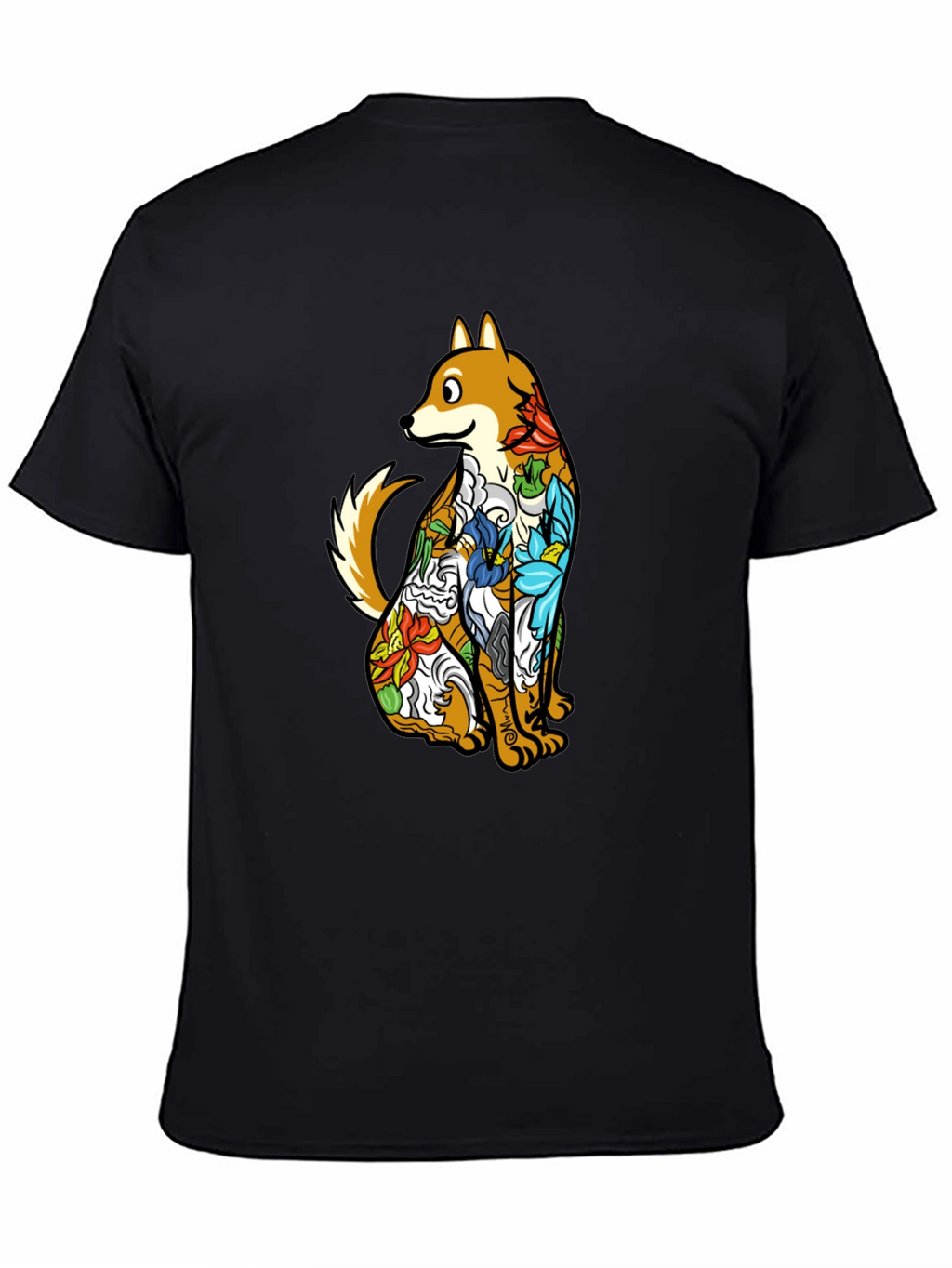 Dog with Floral Tattoo Black Graphic T-Shirt