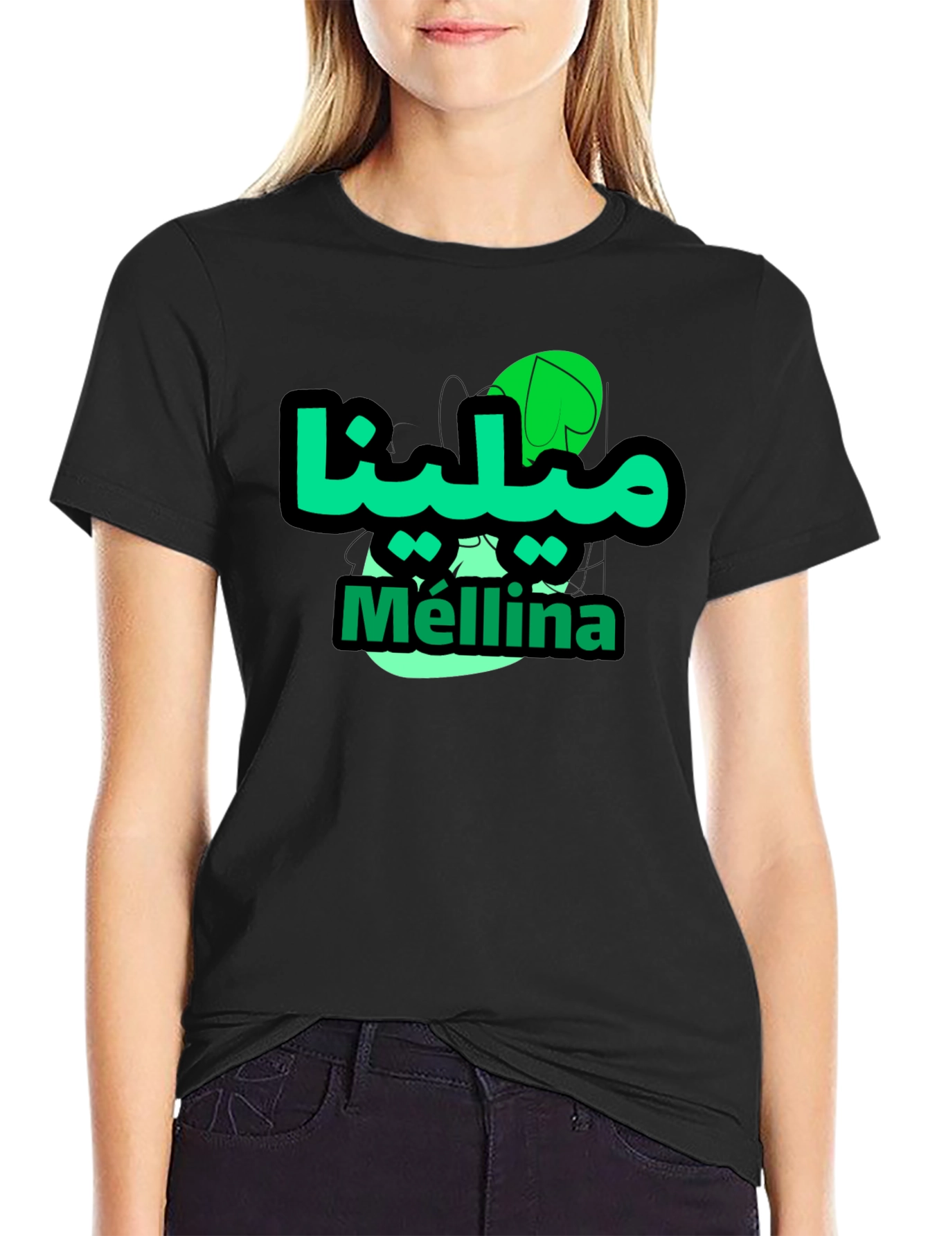 Mellina Green Graphic T-Shirt - Casual Black Tee