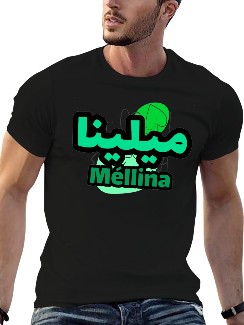Mellina Green Graphic T-Shirt - Casual Black Tee