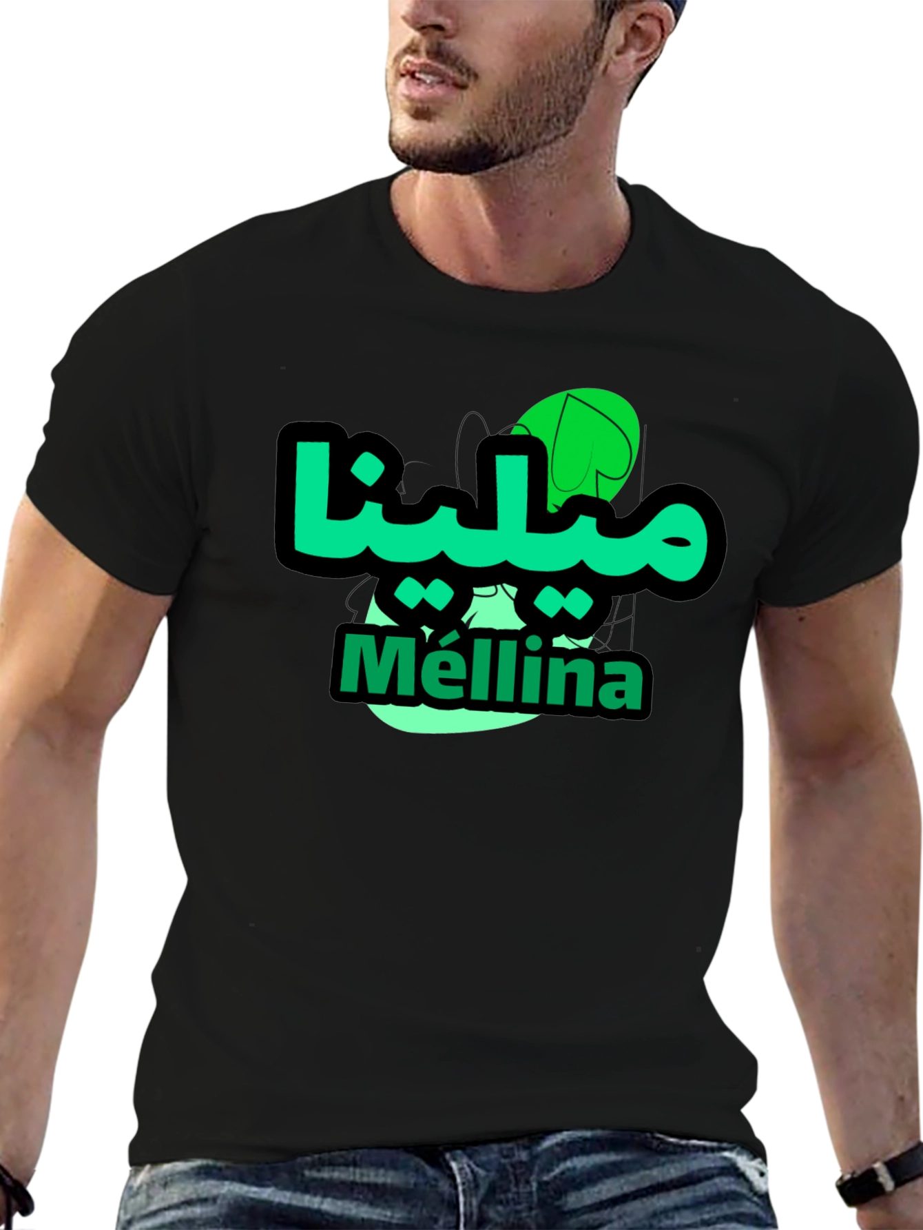 Mellina Green Graphic T-Shirt - Casual Black Tee