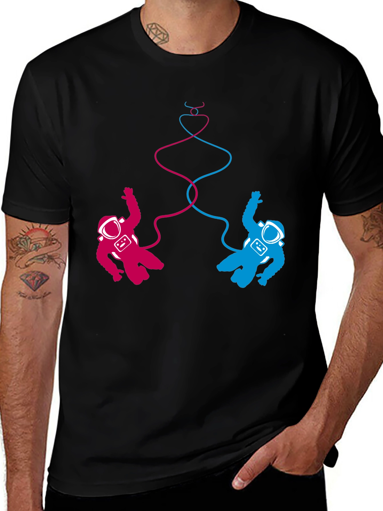 Cosmic Love T-Shirt: Pink & Blue Astronauts