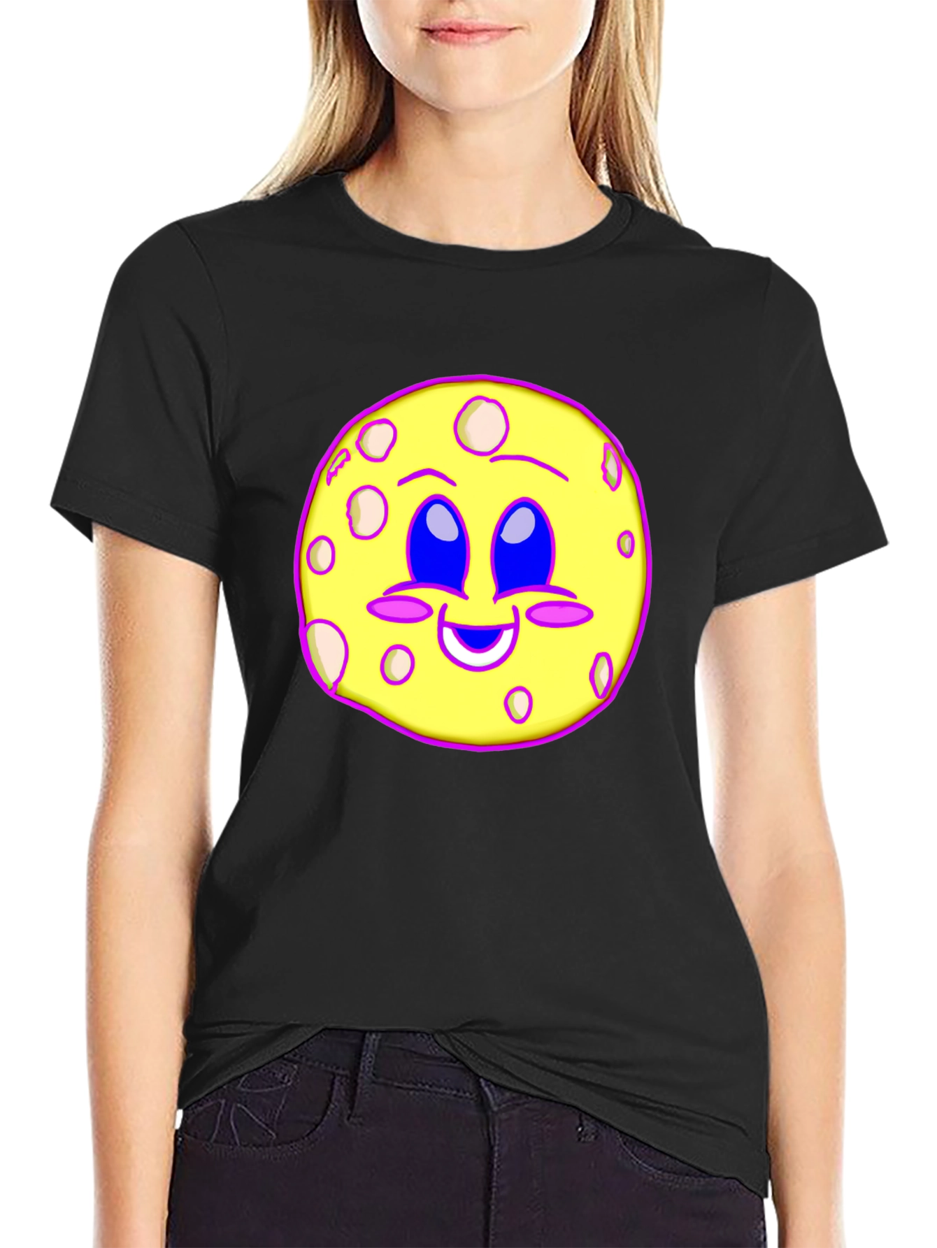 Cute Moon Face Graphic T-Shirt - Black