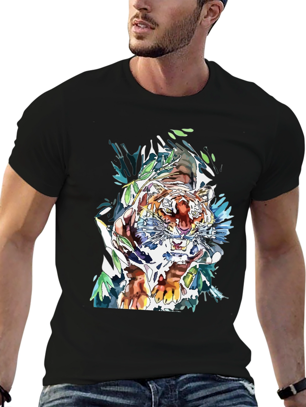 Tiger Graphic Print Mens Black T-Shirt