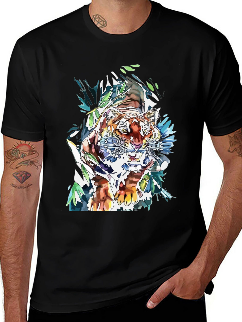 Tiger Graphic Print Mens Black T-Shirt