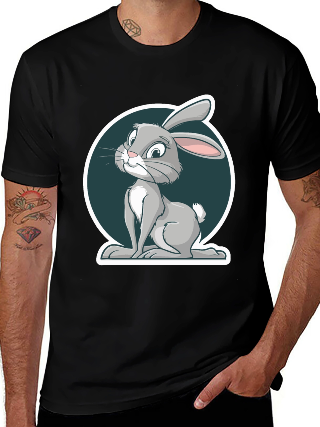 Cute Rabbit Graphic Print Mens Black T-Shirt