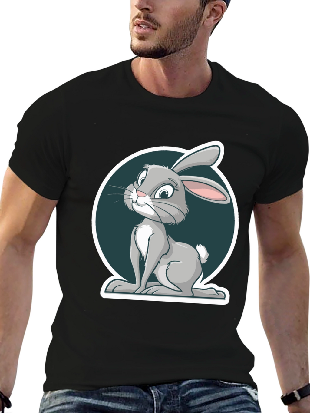 Cute Rabbit Graphic Print Mens Black T-Shirt