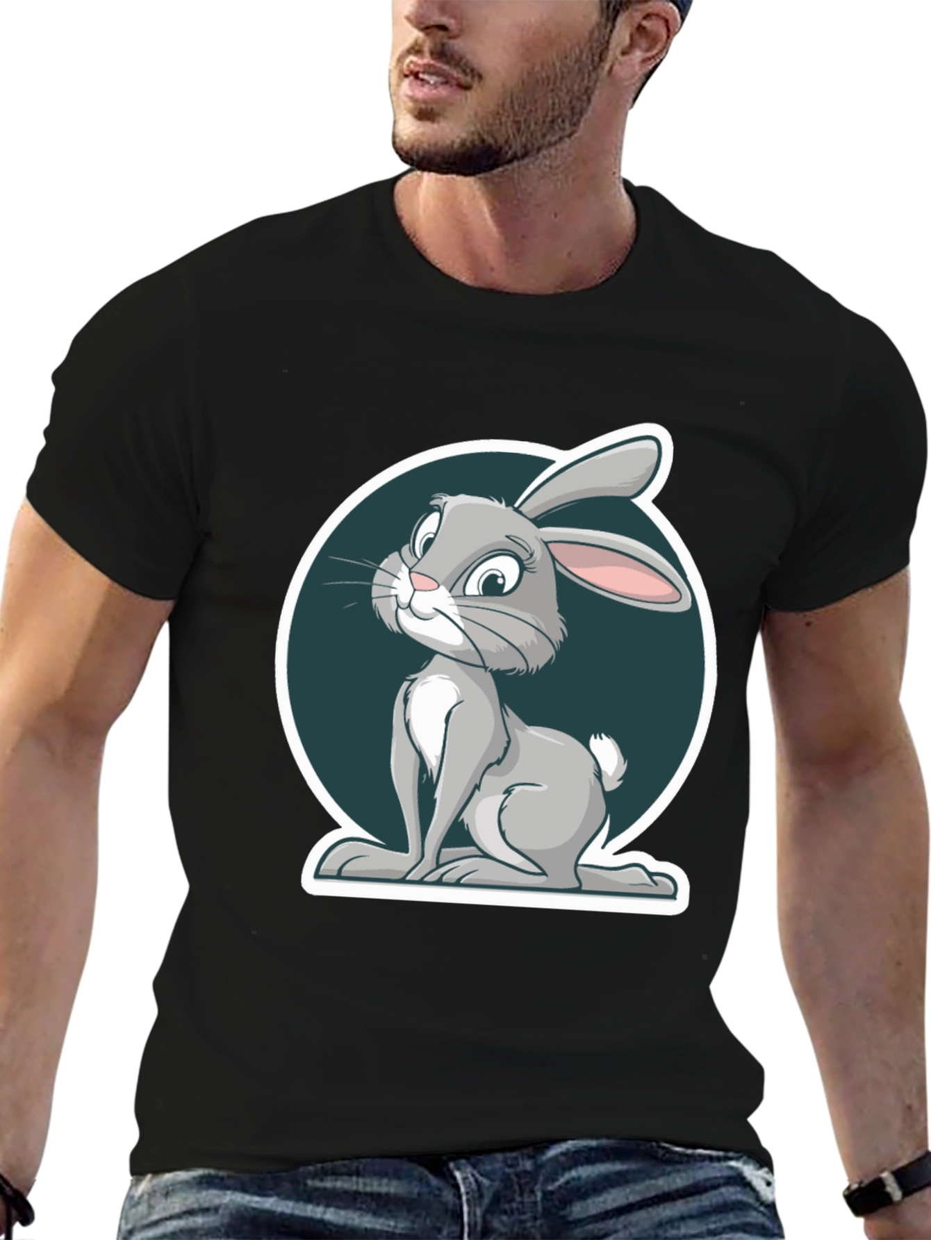 Cute Rabbit Graphic Print Mens Black T-Shirt