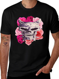 Skull and Roses Graphic Print Black T-Shirt